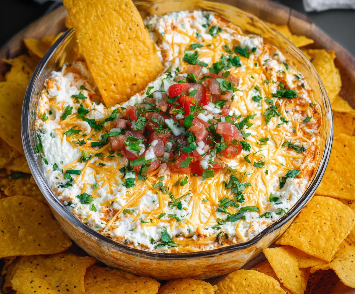 Cream Cheese Salsa Dip served with fresh tortilla chips, perfect for parties and snacking.