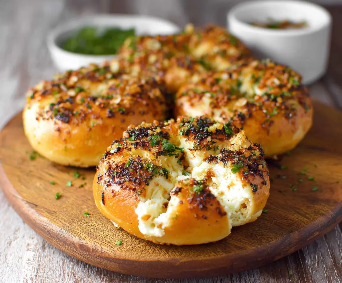 Cream cheese stuffed garlic bagels fresh from the oven, perfect for breakfast or snacks.