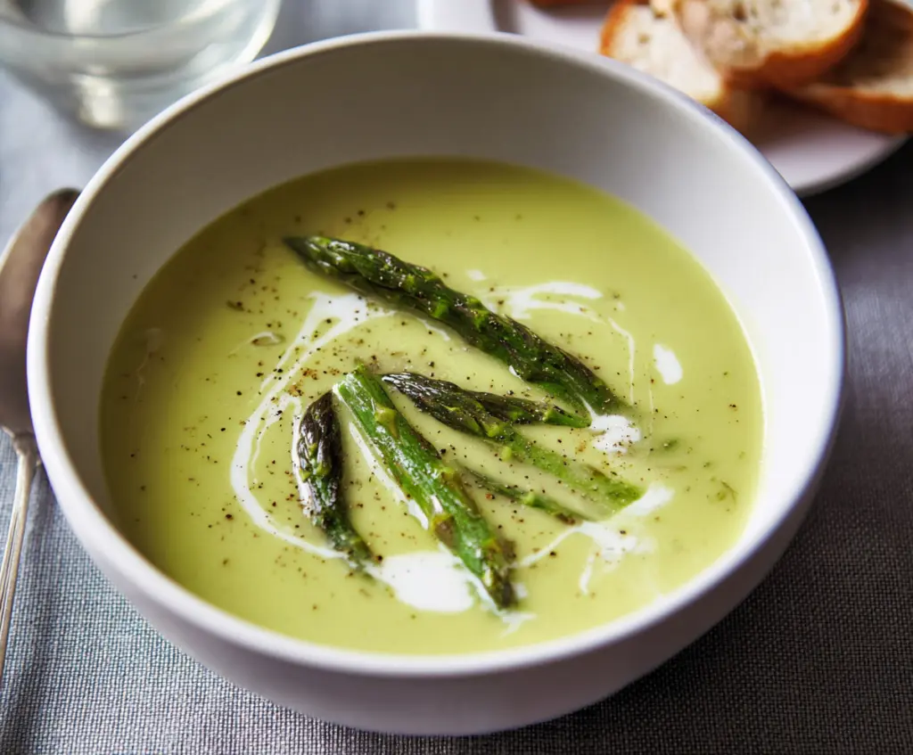Cream of asparagus soup in a white bowl topped with fresh herbs, served as a healthy vegetarian appetizer.