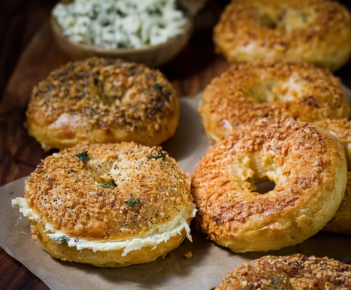 Delicious creamy cheddar bagels with melted cheese and golden crust, perfect for breakfast or snack.