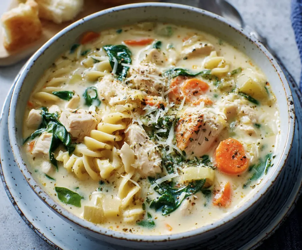 Creamy chicken pasta soup with carrots and spinach in a bowl, garnished with herbs