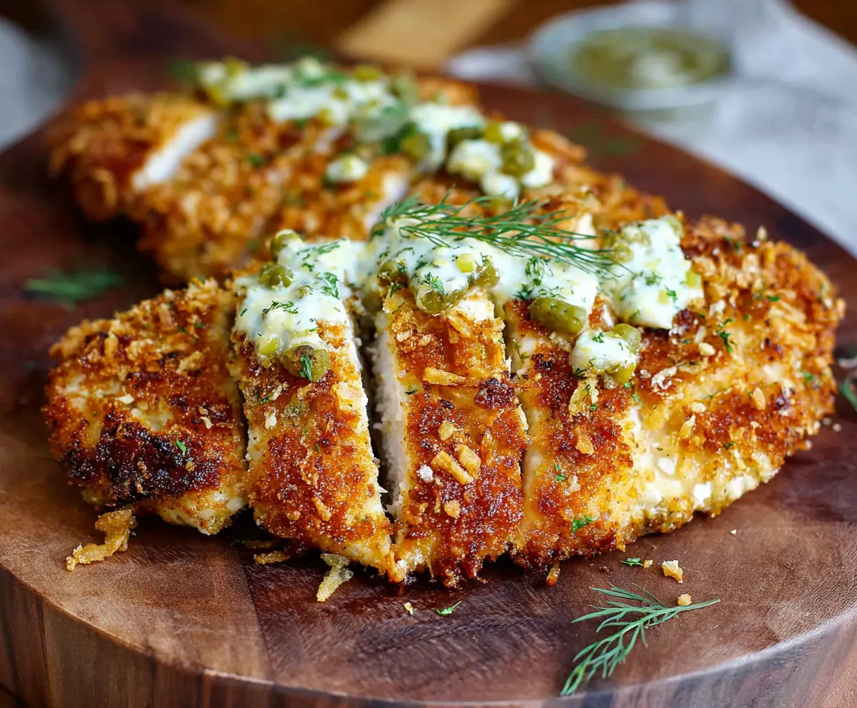 Crispy Dill Pickle Parmesan Chicken served on a plate with fresh herbs