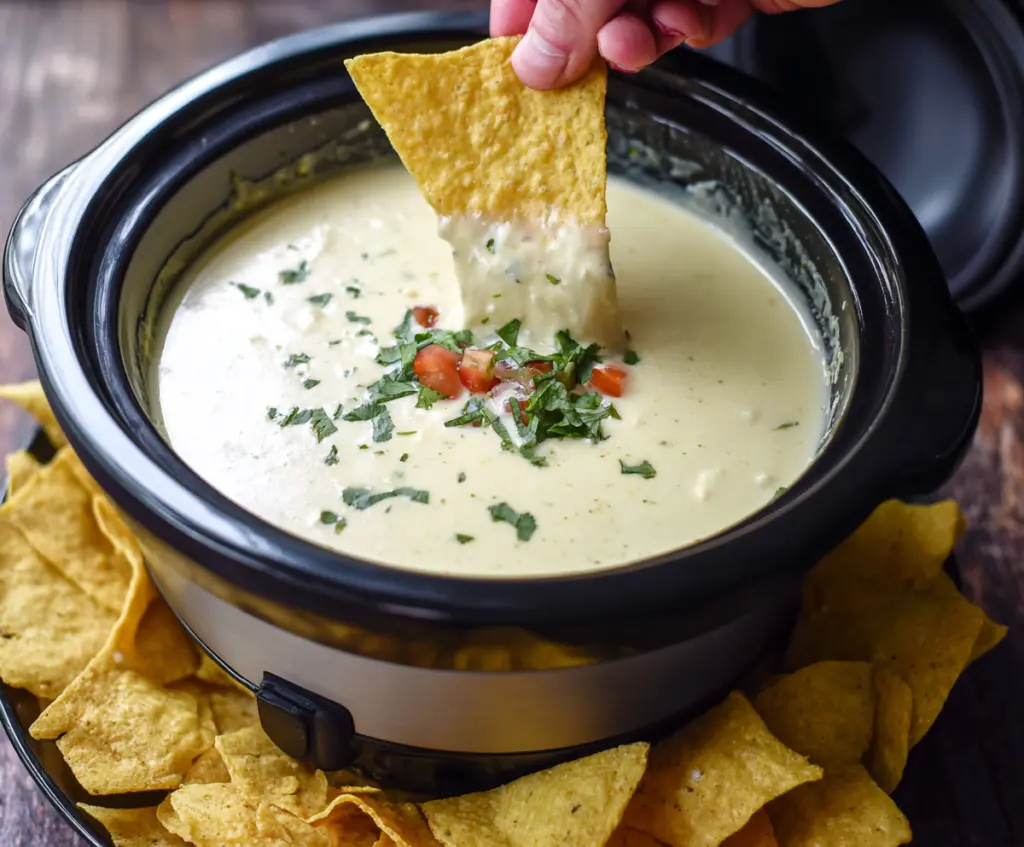 Creamy Crock Pot Queso Blanco Dip with melted cheese and jalapenos in a slow cooker.
