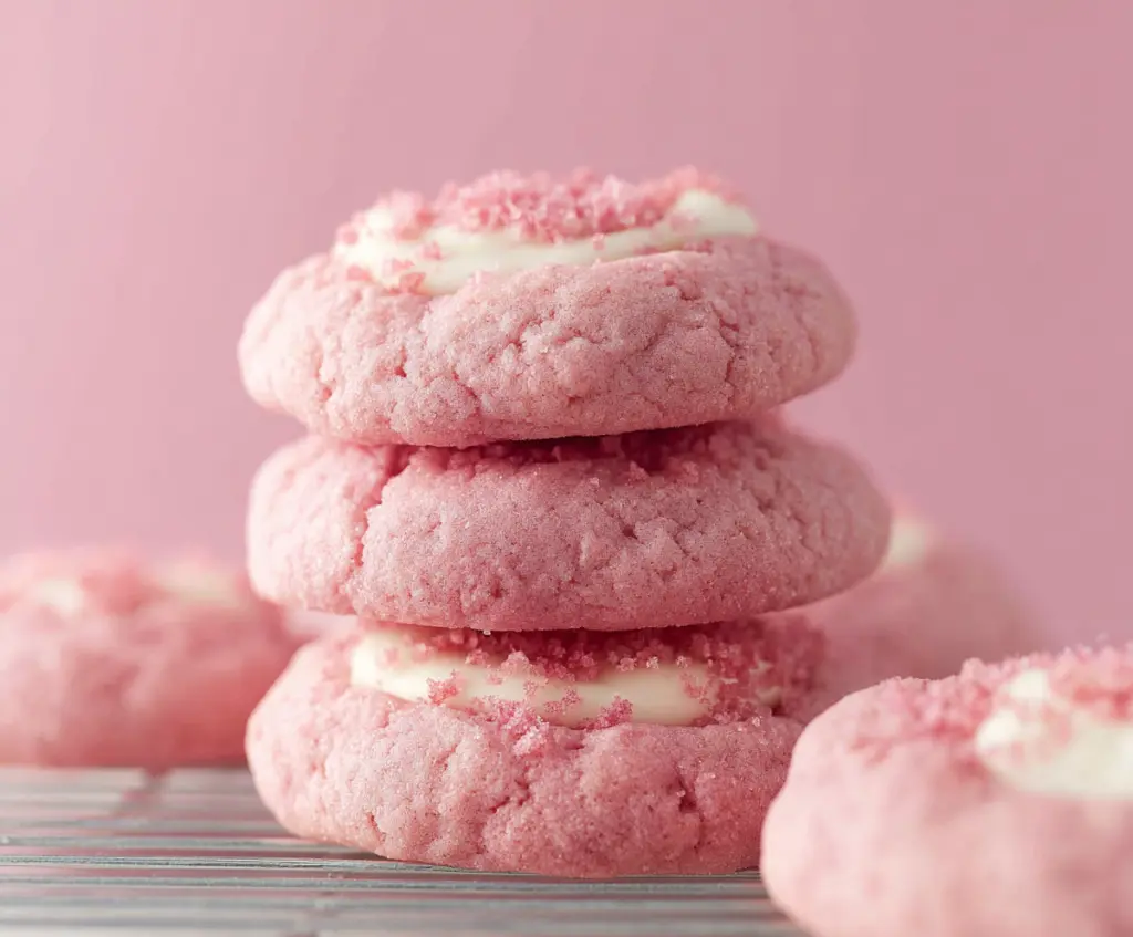 Delicious Crumbl Pink Velvet Cookies with creamy frosting and vibrant pink color.