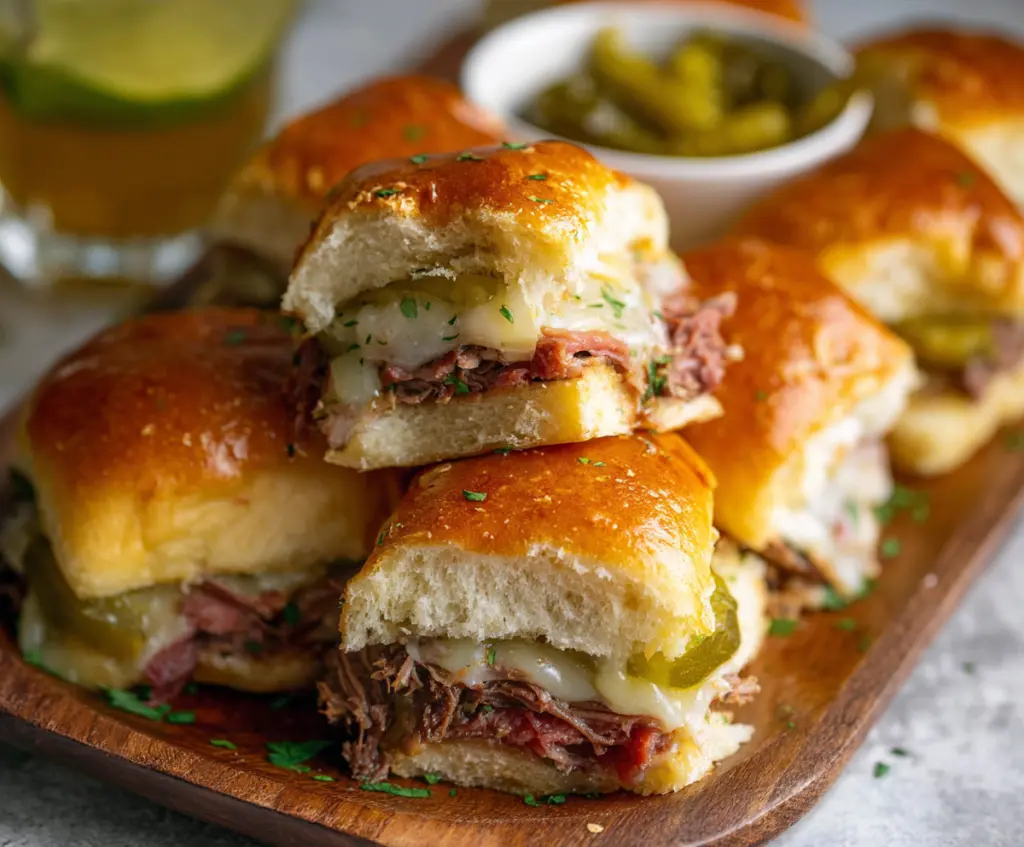 Delicious Cuban sliders with roast pork, ham, pickles, and mustard on small buns