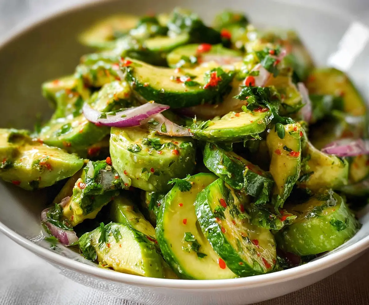 Fresh cucumber and creamy avocado salad in a bowl, healthy and refreshing side dish
