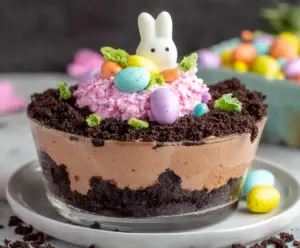 Delicious Easter Dirt Cake with chocolate crumbs and festive decorations for spring celebration