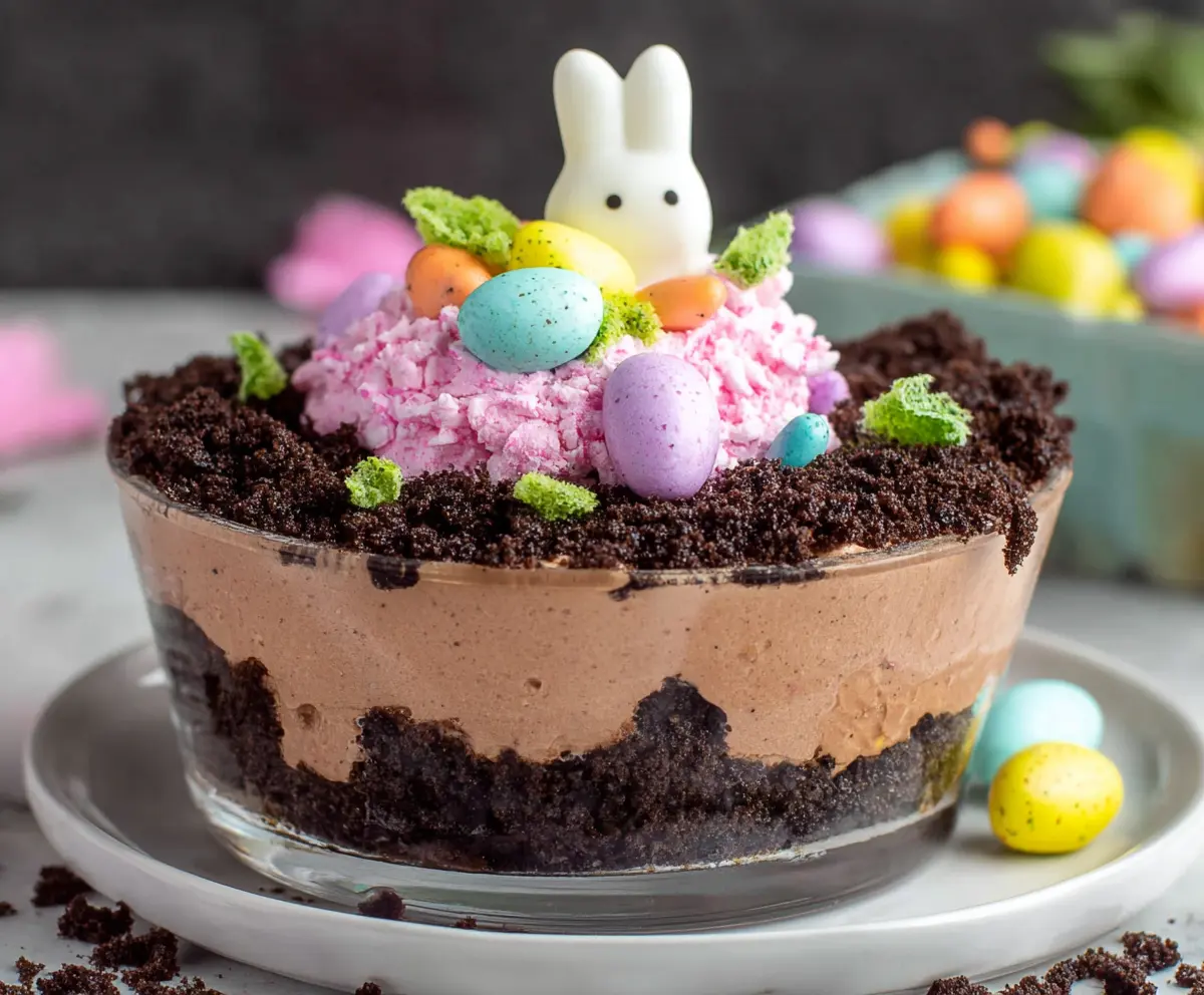 Delicious Easter Dirt Cake with chocolate crumbs and festive decorations for spring celebration