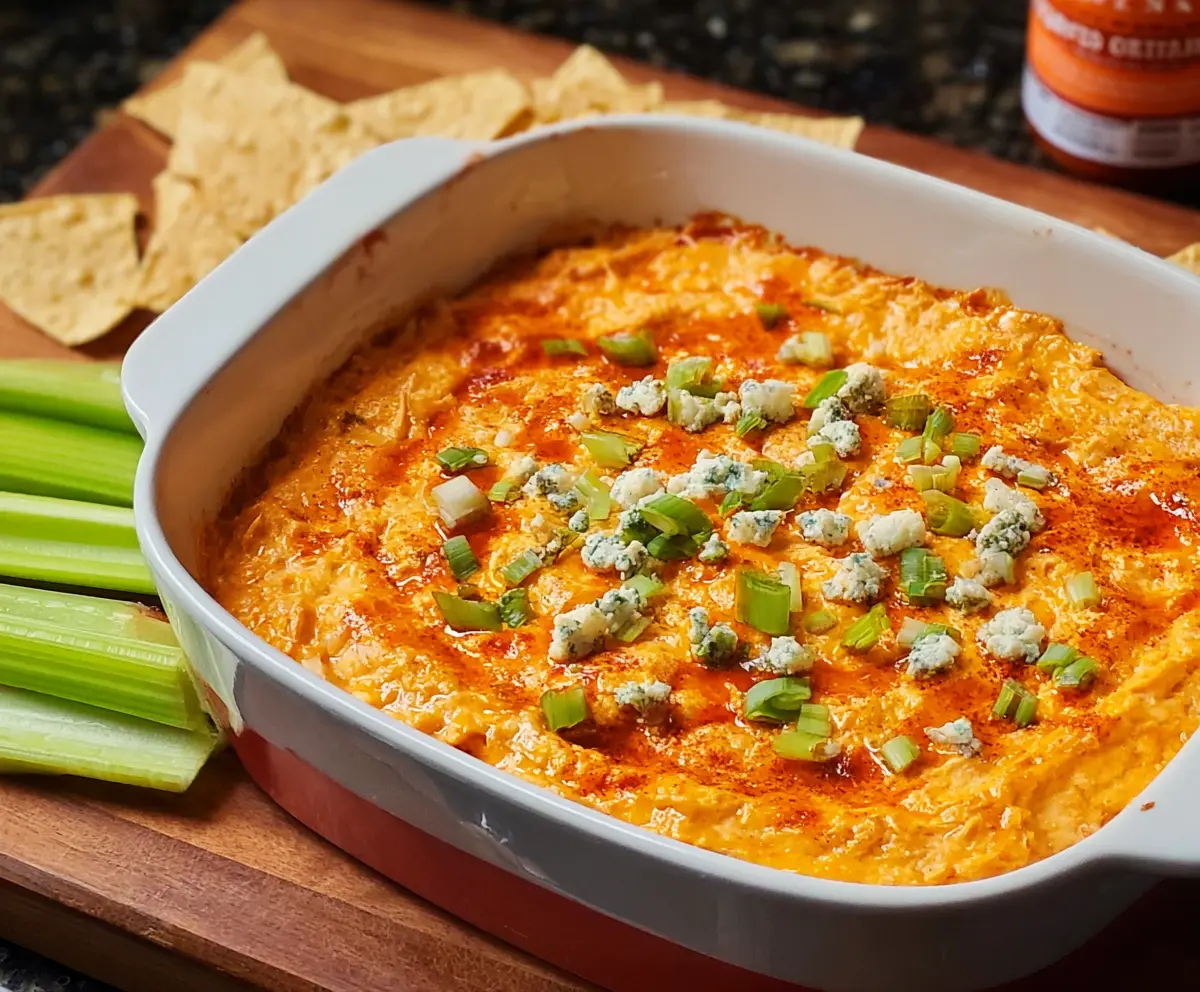 Delicious Frank's Red Hot Buffalo Chicken Dip served with crispy tortilla chips