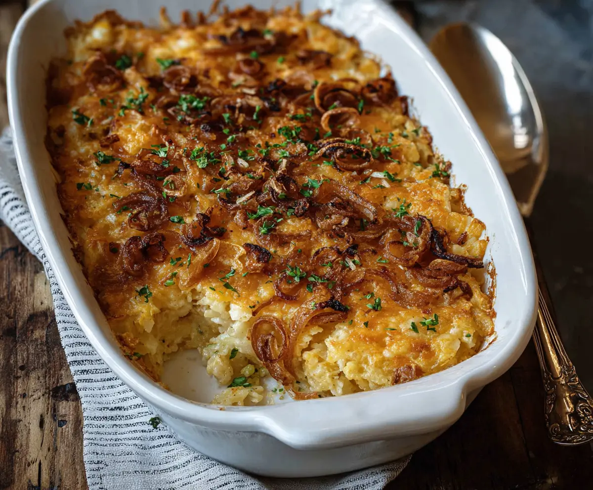 Rich and cheesy French Onion Funeral Potatoes casserole with caramelized onions and golden-brown topping.