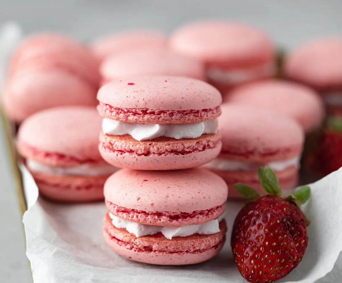 Delicious French strawberry macarons with vibrant red filling on a white plate.