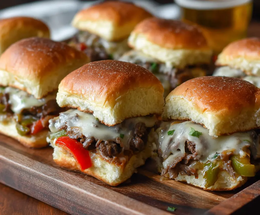 Delicious Game Day Philly Cheesesteak Sliders with melted cheese and savory beef on soft slider buns.