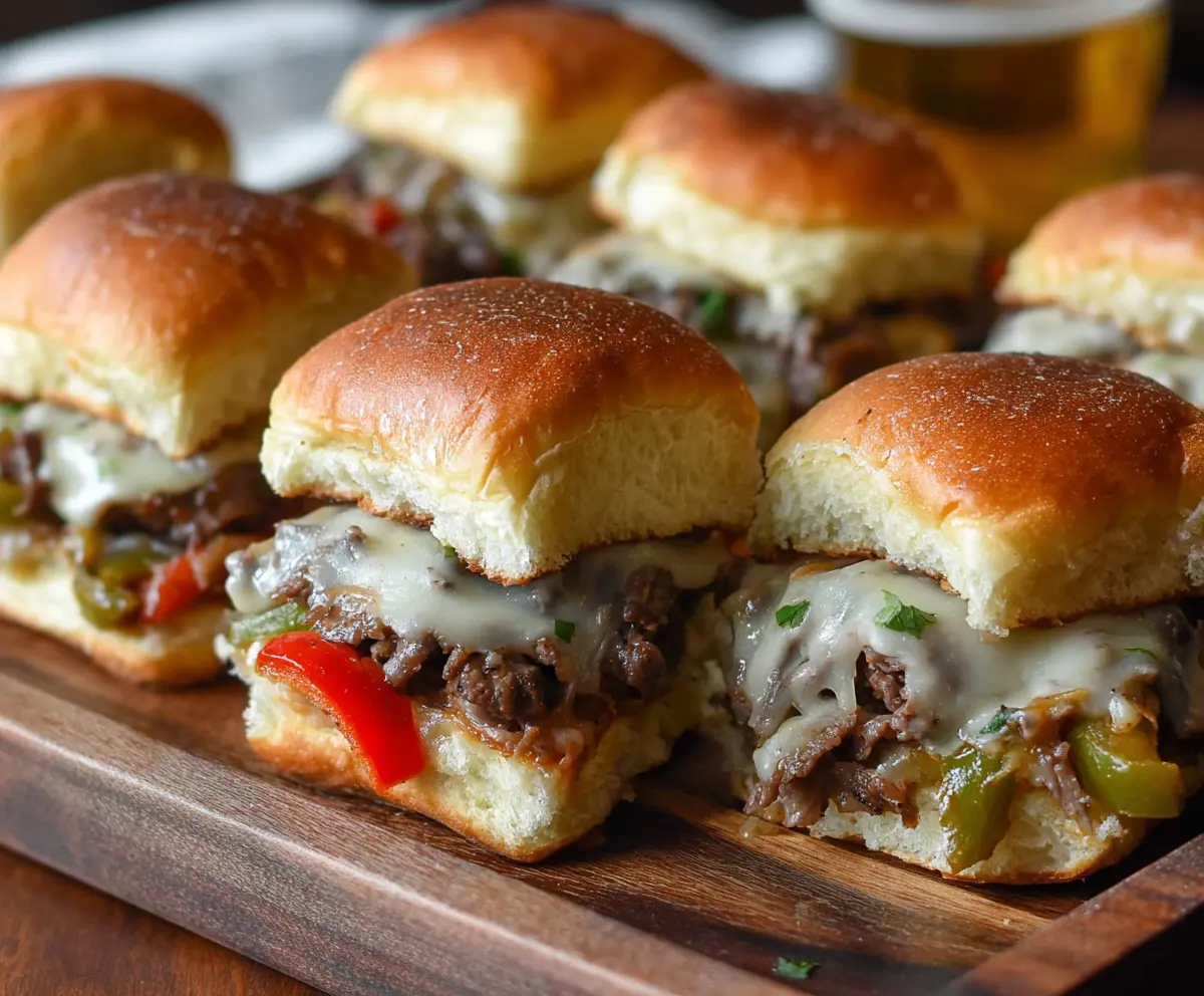 Delicious Game Day Philly Cheesesteak Sliders with melted cheese and savory beef on soft slider buns.