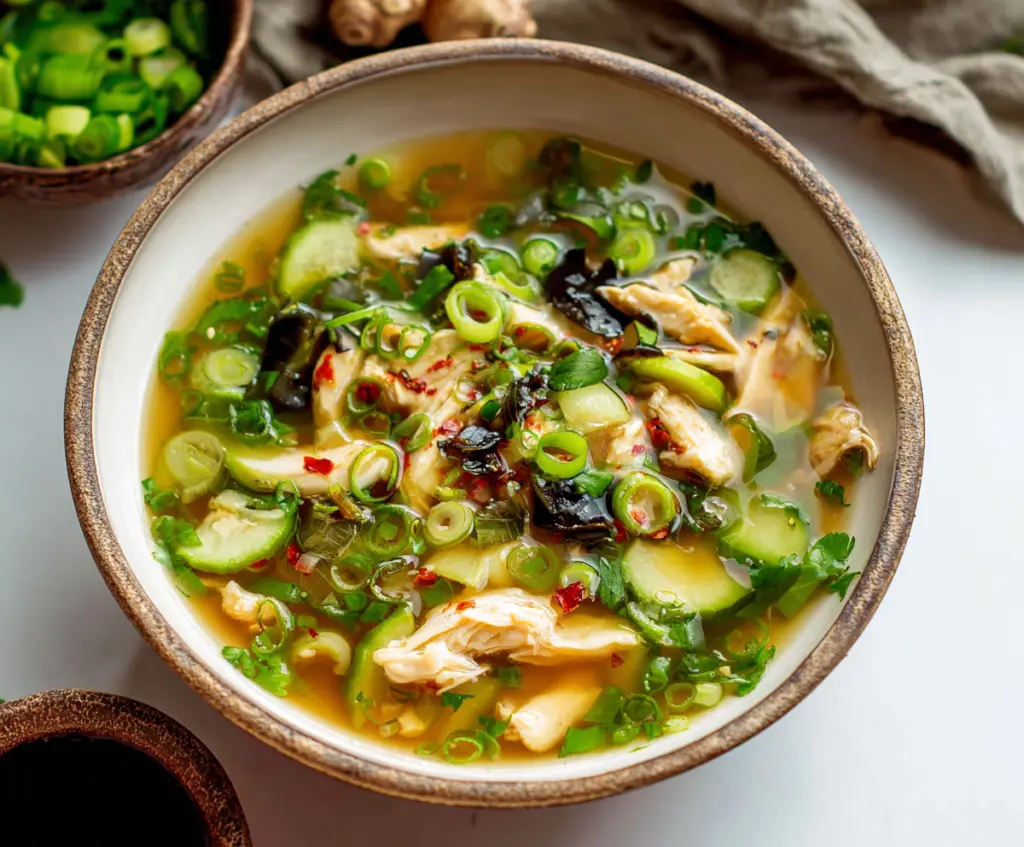 Bowl of homemade Ginger Scallion Chicken Soup with fresh herbs and tender chicken pieces.