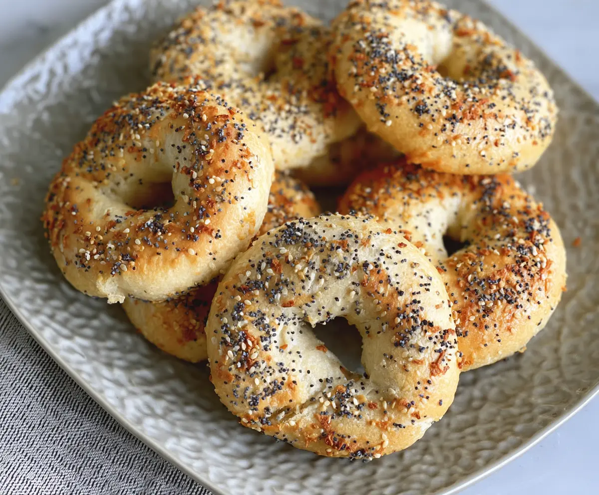 Delicious gluten-free Greek yogurt bagels stacked on a wooden board, perfect for breakfast or snacks.