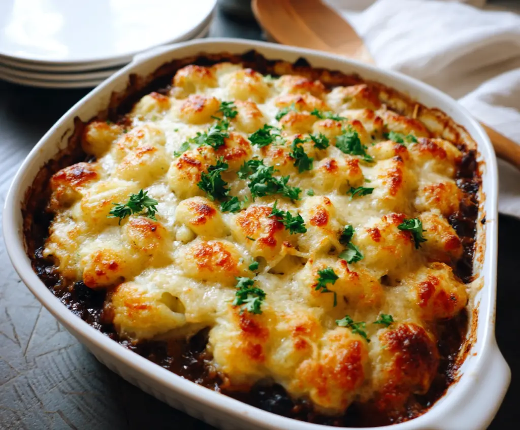 Delicious Gnocchi Shepherd's Pie with golden baked gnocchi and hearty meat filling