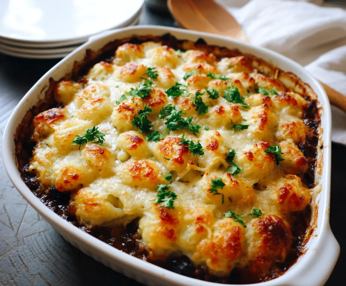 Delicious Gnocchi Shepherd's Pie with golden baked gnocchi and hearty meat filling