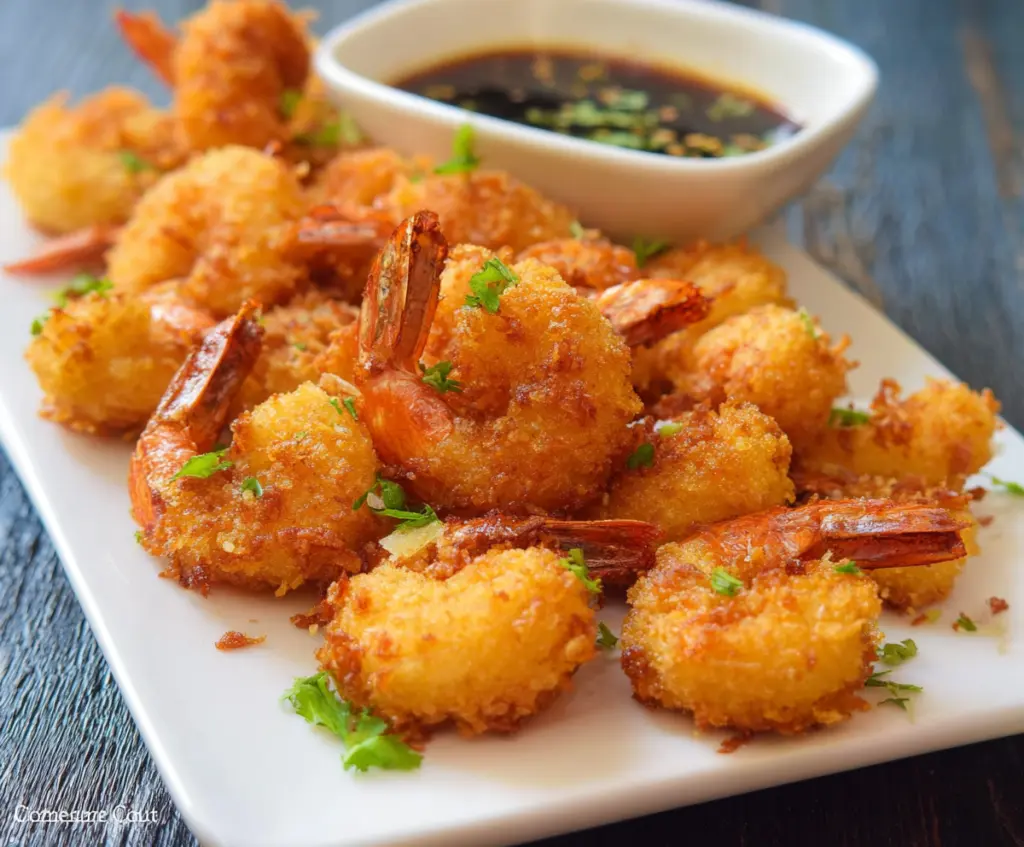 Golden crispy fried shrimp served with lemon and dipping sauce on a white plate.