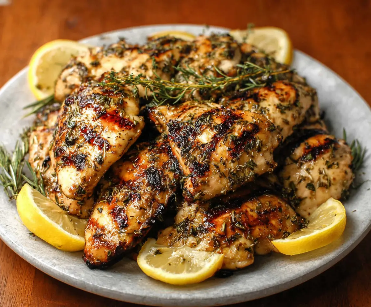 Delicious grilled lemon herb chicken served with fresh herbs on a rustic plate