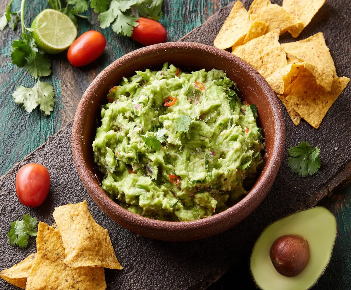 Creamy homemade guacamole with ripe avocados, lime, and fresh cilantro on a rustic wooden table.