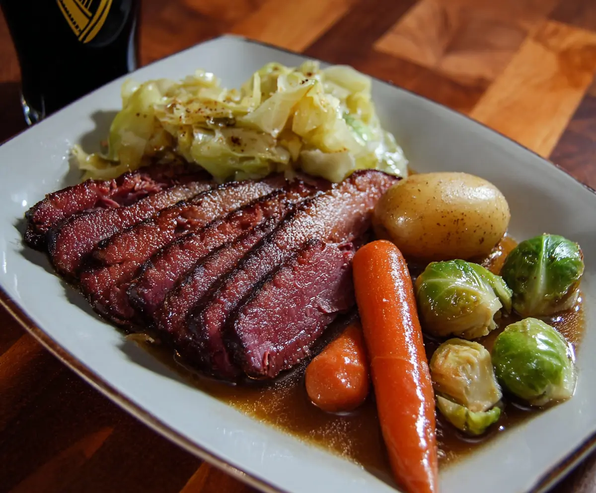 Delicious Guinness braised corned beef and cabbage served on a plate with fresh vegetables.