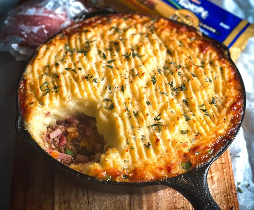Delicious homemade Ham Shepherd's Pie topped with golden mashed potatoes and served in a rustic dish.