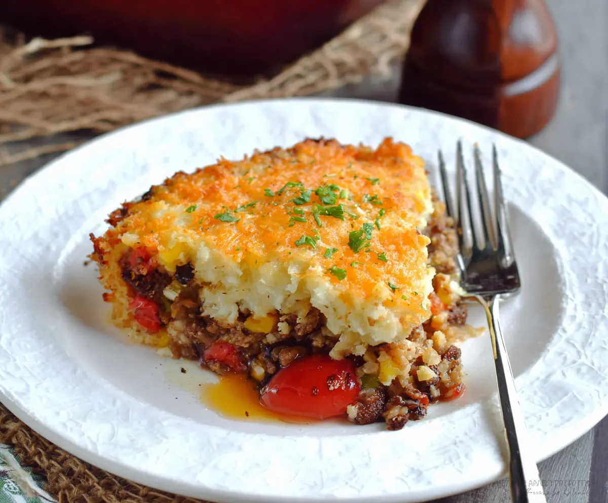 Golden crispy hash brown shepherd's pie topped with melted cheese and fresh herbs.
