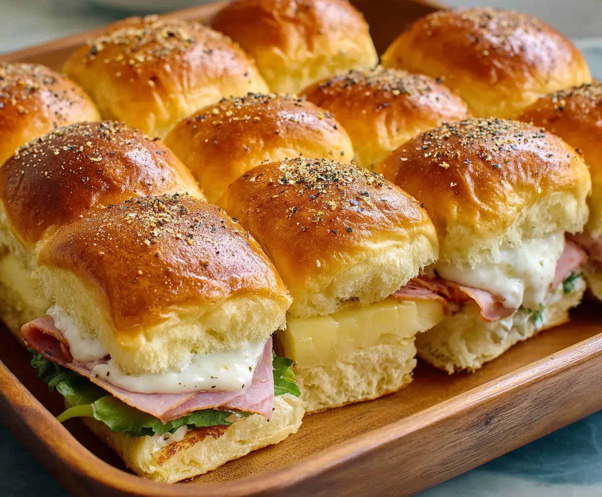 Delicious Hawaiian Roll Sliders with melted cheese, ham, and pineapple on a platter.