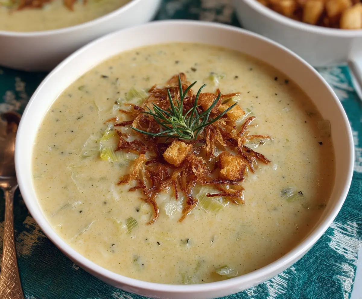 Creamy Ina Garten roasted potato leek soup served in a bowl with fresh herbs, perfect for a cozy meal.