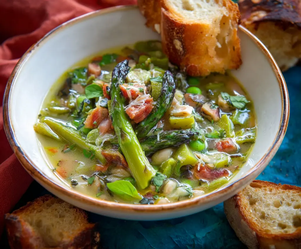 Bowl of fresh Italian Spring Soup from Tuscany with colorful vegetables and herbs