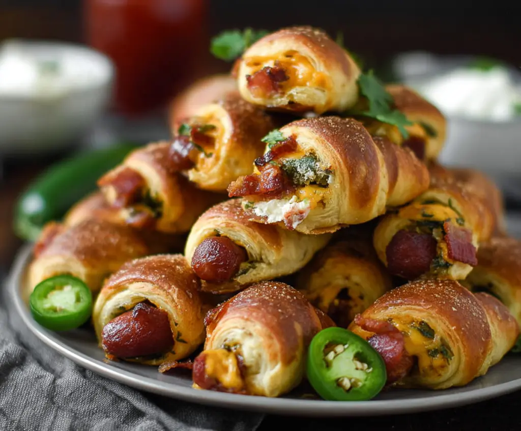 Delicious jalapeño popper pigs in a blanket on a plate with melted cheese and crispy bacon