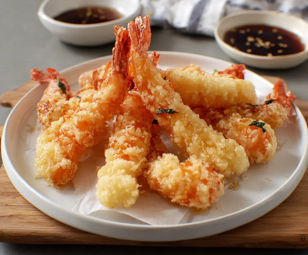 Crispy Japanese shrimp tempura served with dipping sauce on a plate.