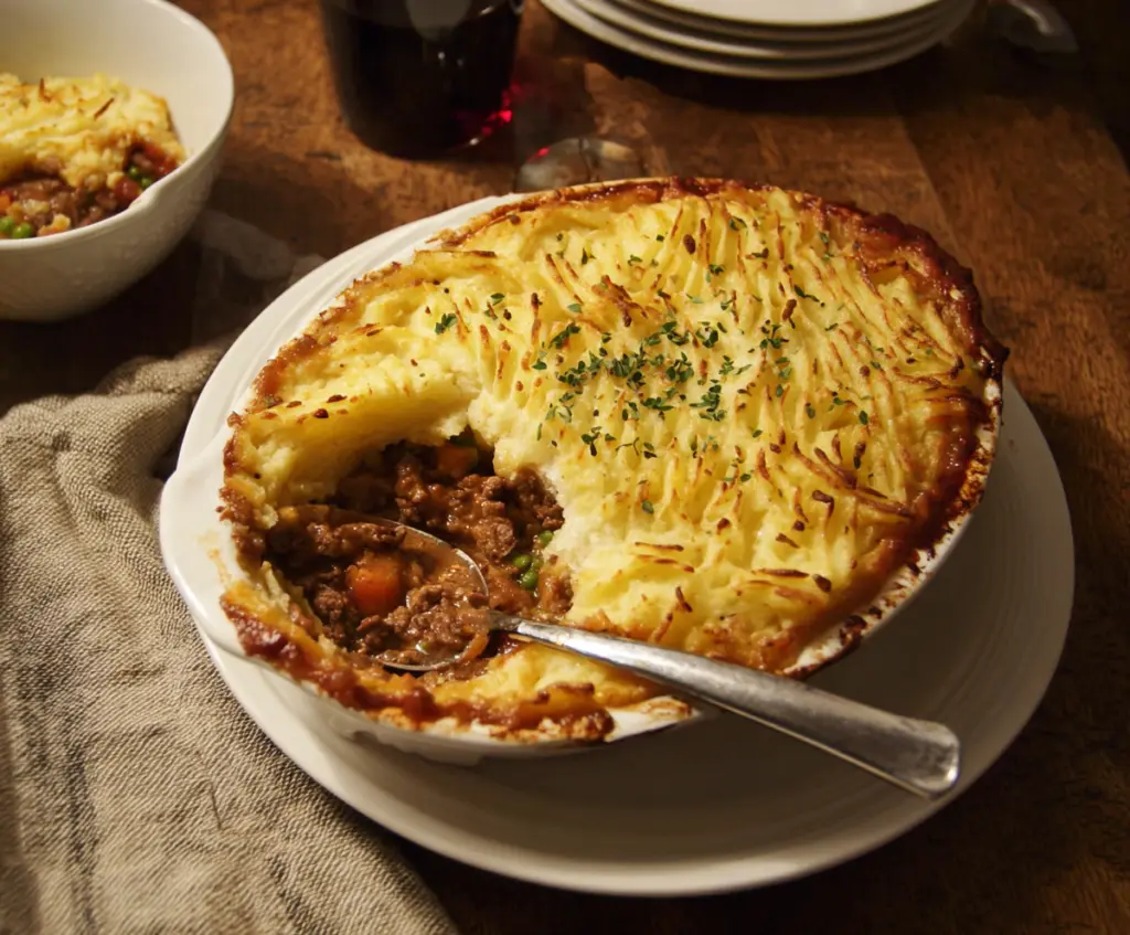 Delicious Lamb Shepherd's Pie topped with golden mashed potatoes and savory lamb filling.