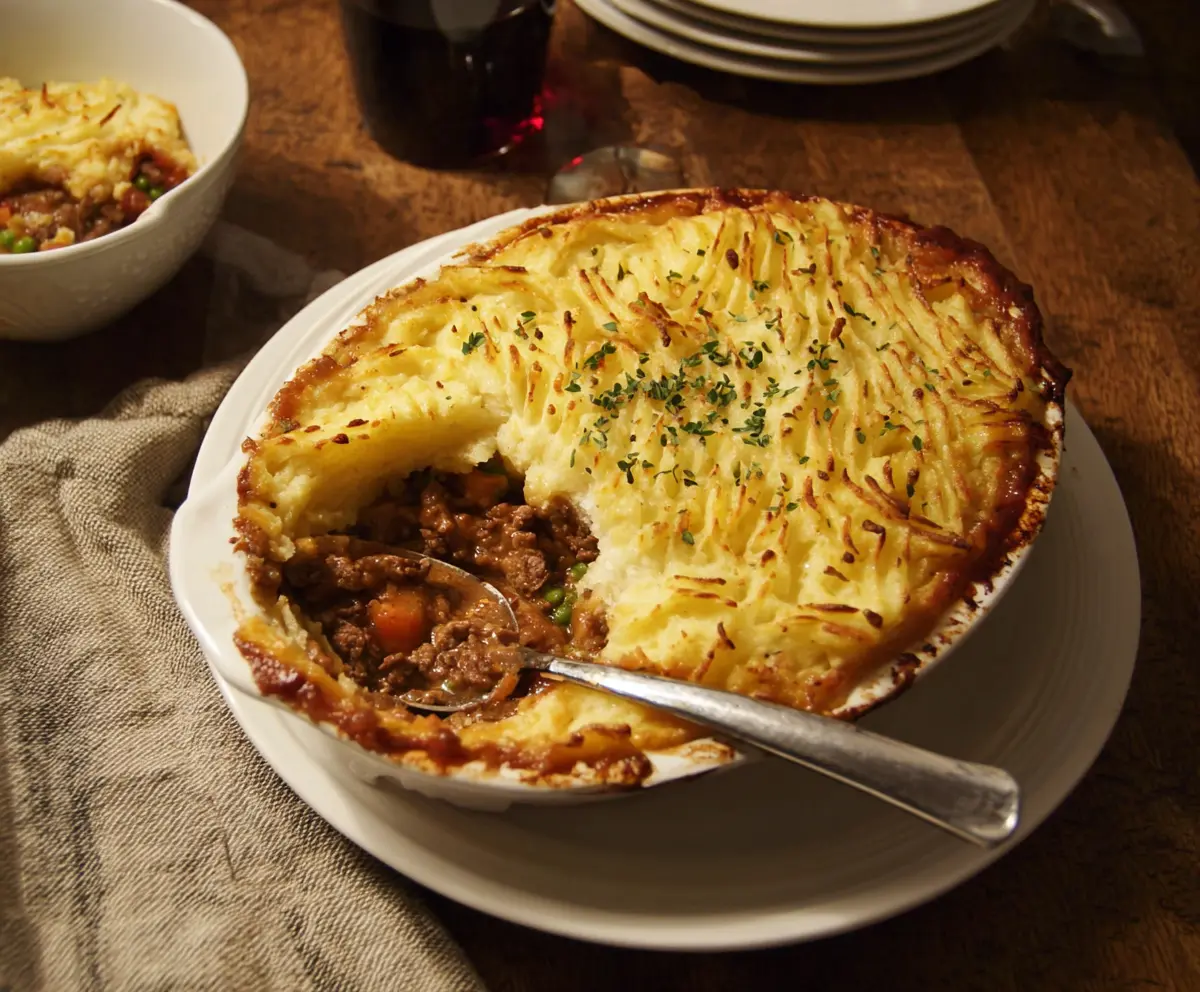 Delicious Lamb Shepherd's Pie topped with golden mashed potatoes and savory lamb filling.
