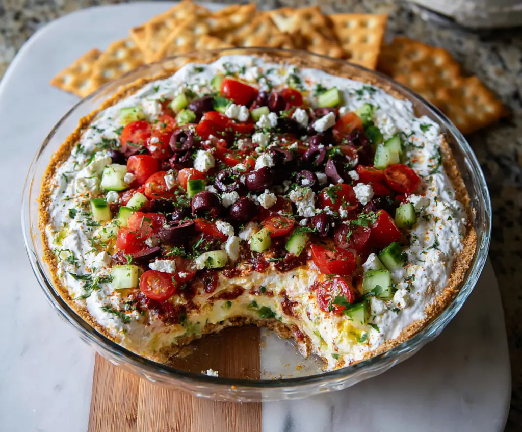Delicious layered Greek dip with vibrant vegetables, creamy feta, and herbs for a perfect appetizer.