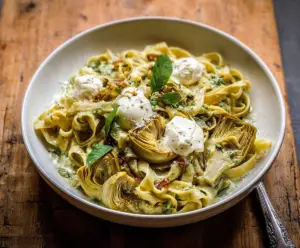 Delicious Lemon Artichoke Pasta dish with fresh herbs and zesty lemon sauce