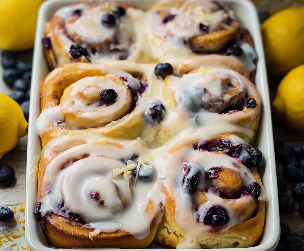 Delicious Lemon Blueberry Rolls with fresh blueberries and lemon glaze on a plate.