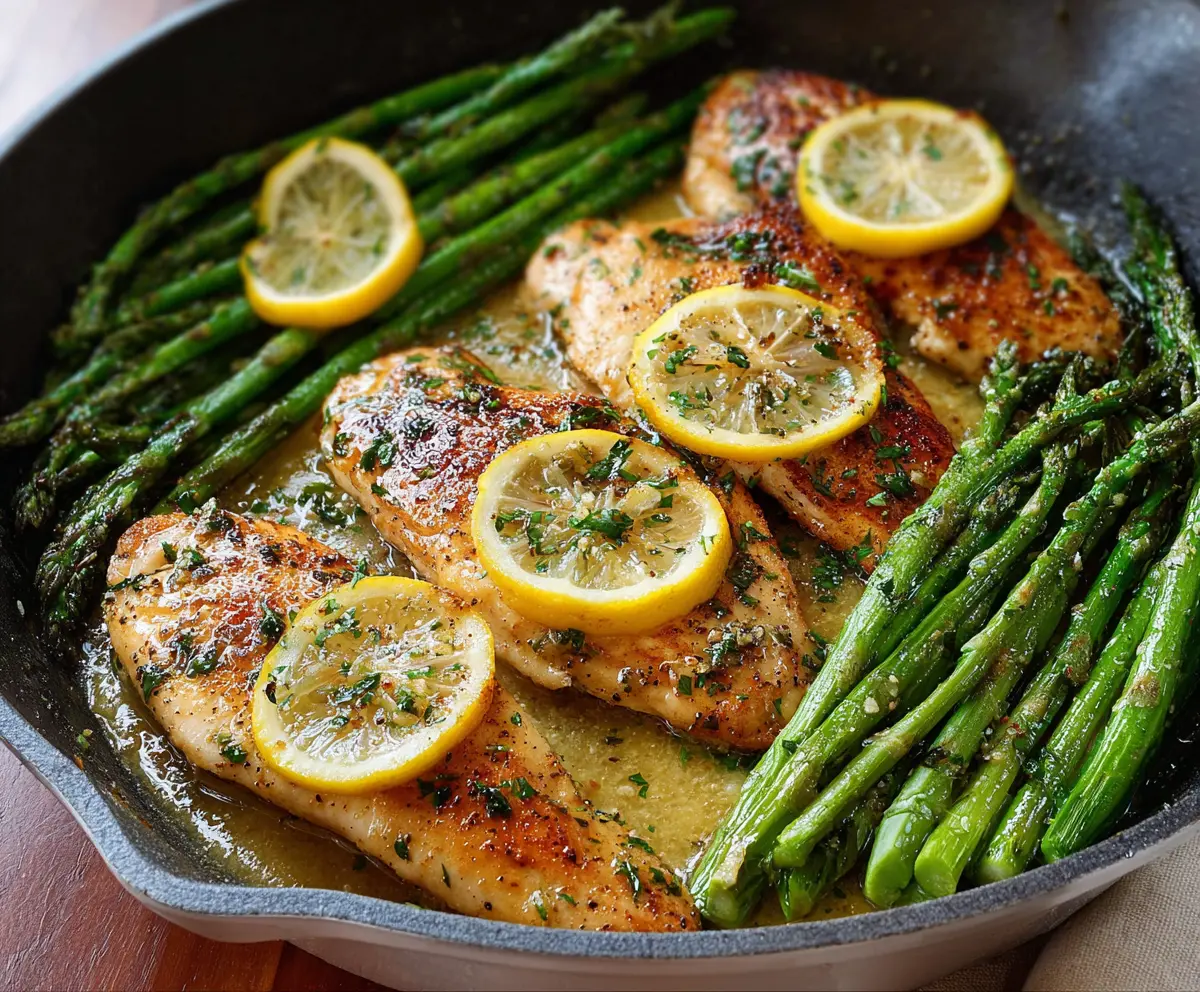 Juicy lemon butter garlic chicken served with fresh asparagus on a white plate.