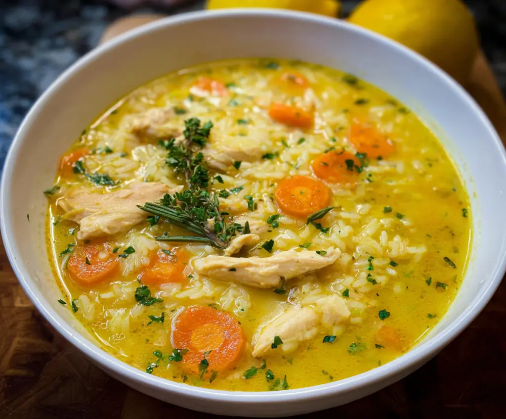 Bowl of Lemon Ginger Turmeric Chicken and Rice Soup with fresh herbs