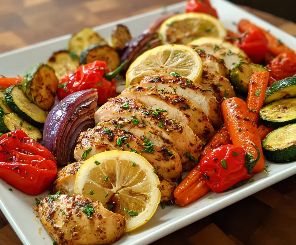 Delicious Lemon Herb Chicken served with colorful roasted vegetables on a plate.