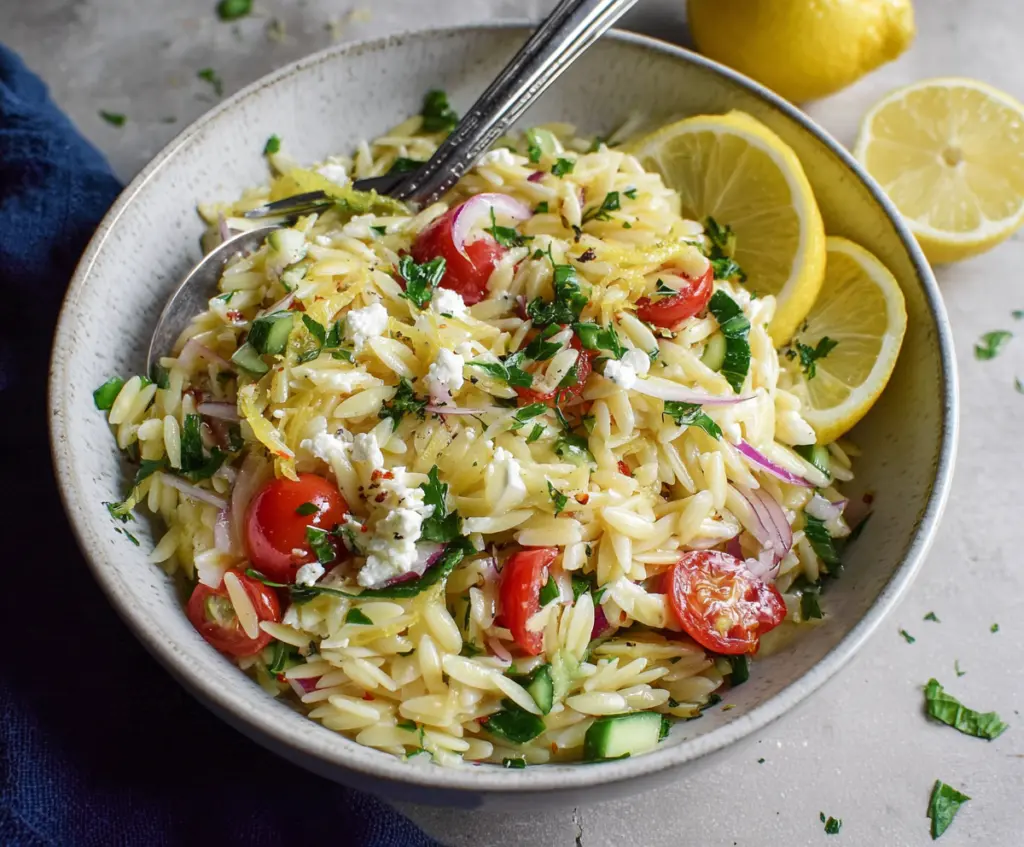 Fresh Lemon Orzo Pasta Salad with herbs and vegetables in a summer bowl