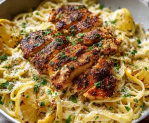 Delicious Lemon Pepper Chicken Pasta with fresh lemon slices and herbs on a white plate.