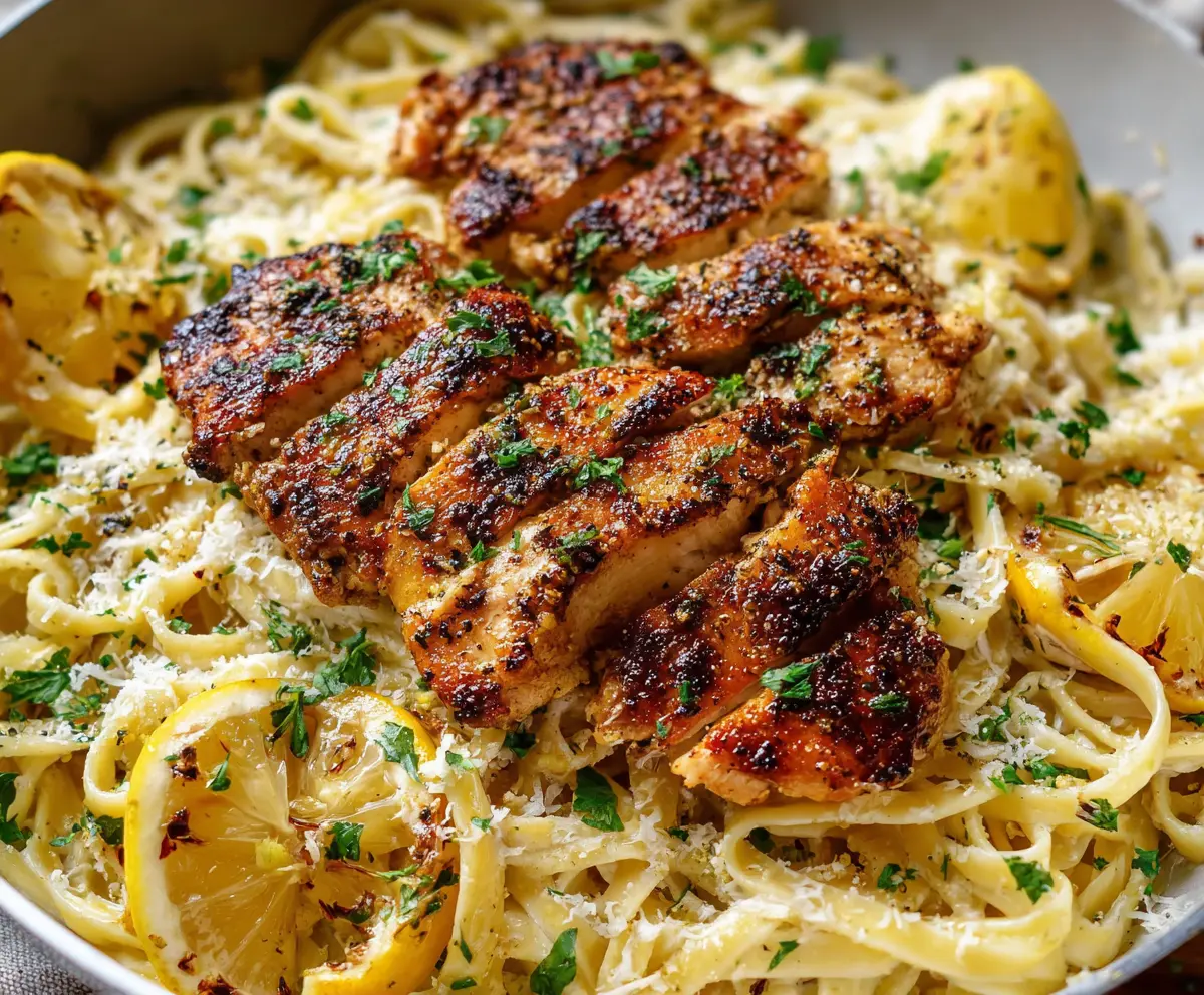 Delicious Lemon Pepper Chicken Pasta with fresh lemon slices and herbs on a white plate.