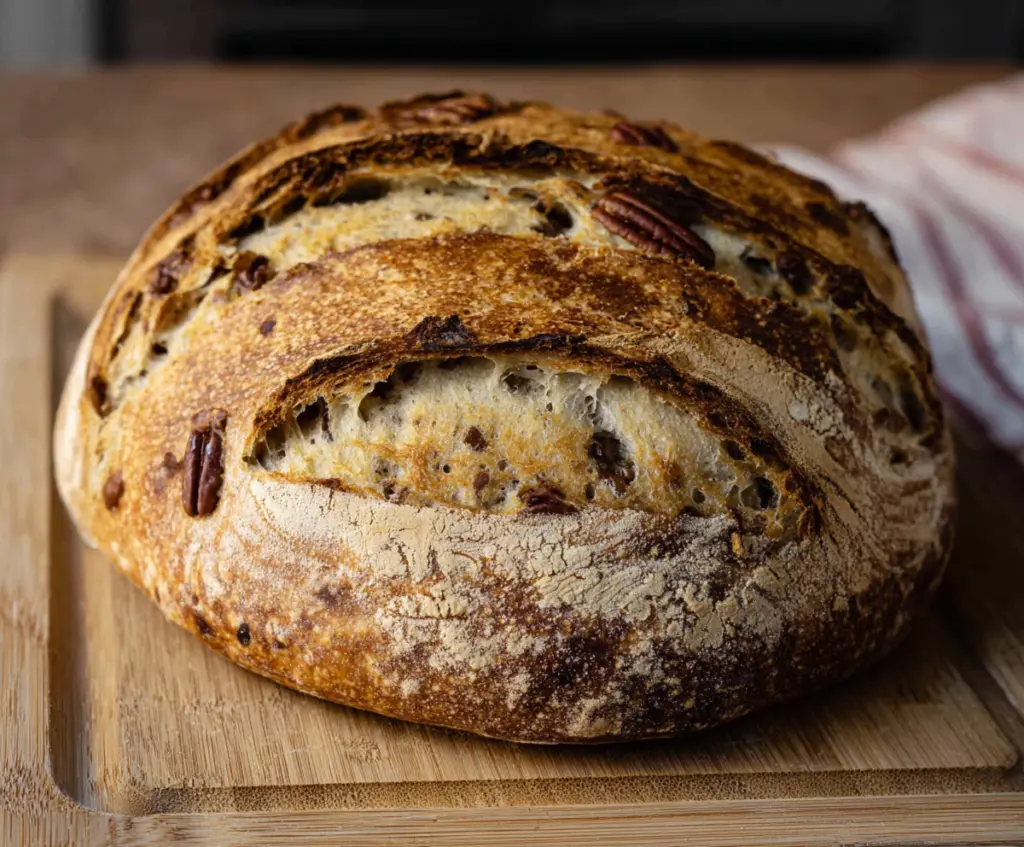 Slices of warm Maple Pecan Sourdough Bread with a golden crust and crunchy pecan toppings on a rustic wooden table.