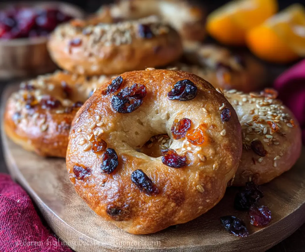 Mini cranberry orange bagels with fresh cranberries and orange zest, perfect for breakfast or snacks.