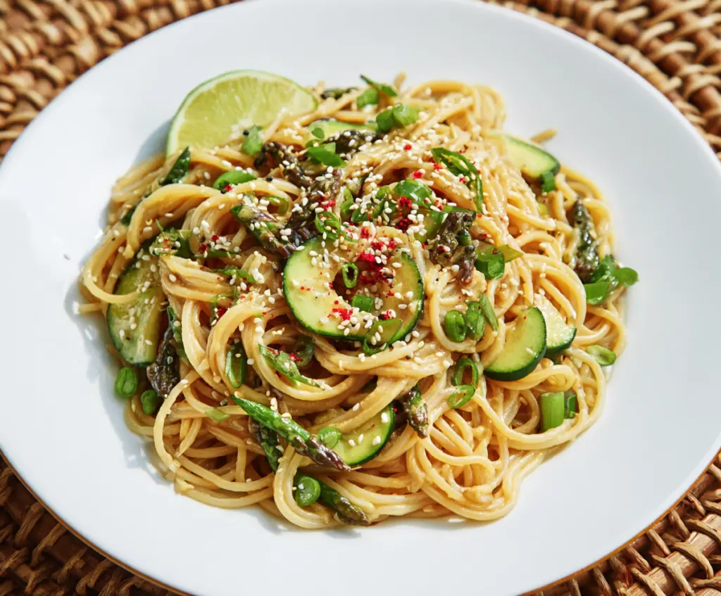 Delicious Miso Sesame Pasta topped with fresh herbs and sesame seeds for a flavorful vegan meal.