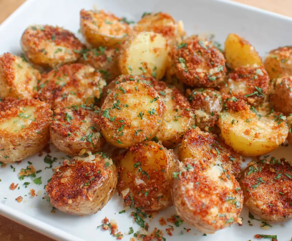 Delicious Parmesan Crusted Baby Potatoes served as a crispy, savory side dish.