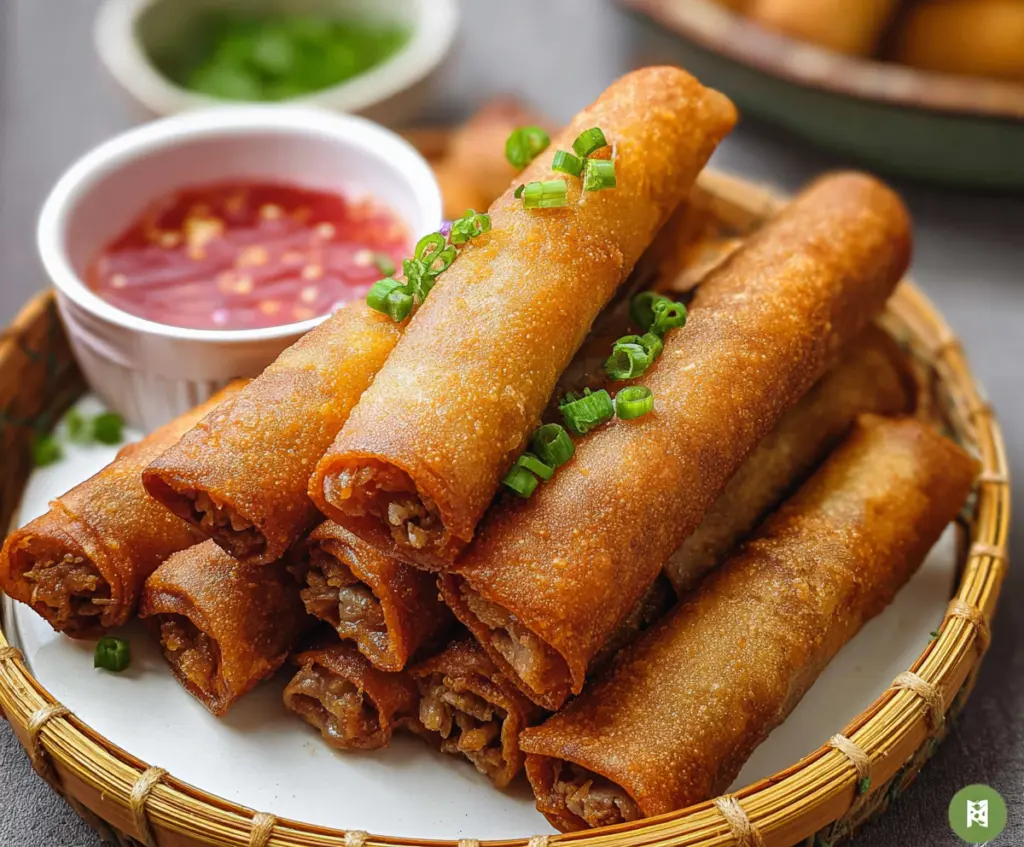 Crispy pork lumpia rolls served on a plate, perfect for snack or appetizer.