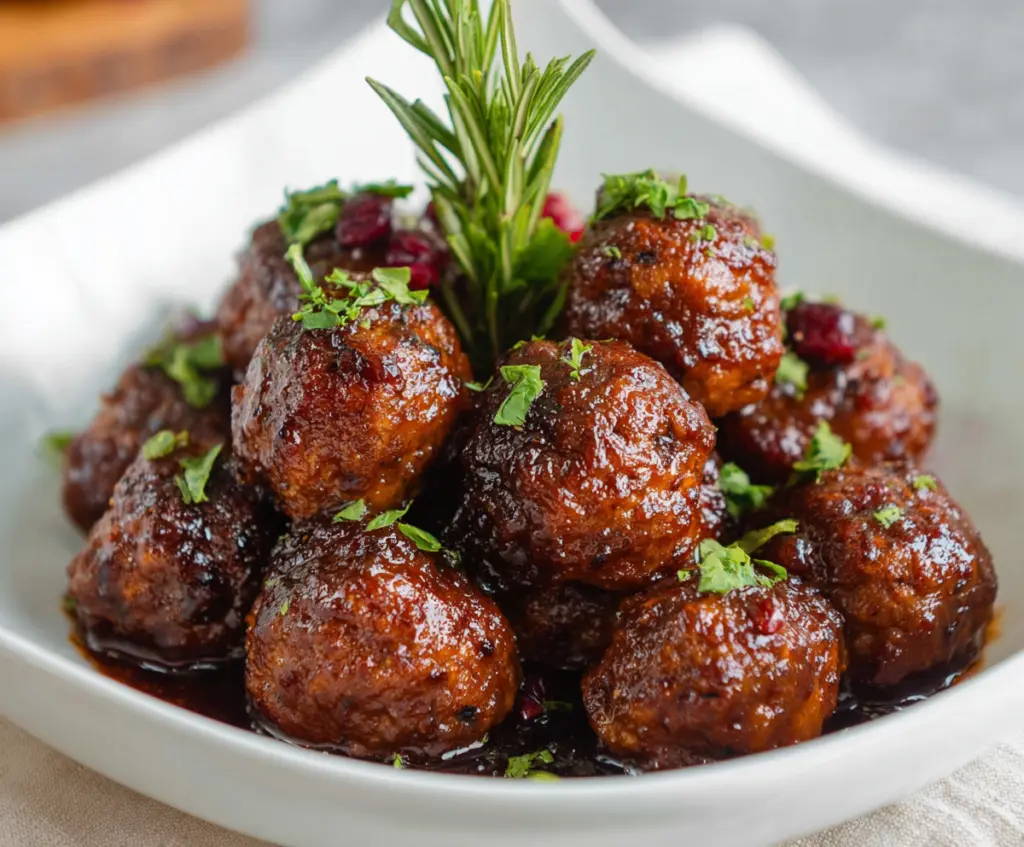 Juicy raspberry chipotle meatballs served on a plate with fresh herbs.