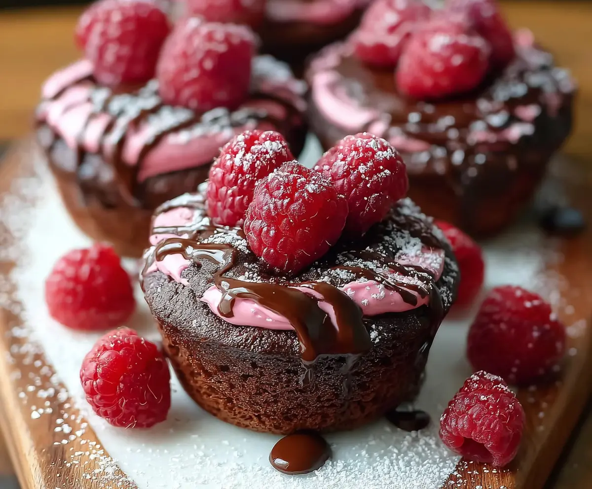 Delicious Raspberry Chocolate Lava Cupcakes with molten centers and fresh raspberries topping.